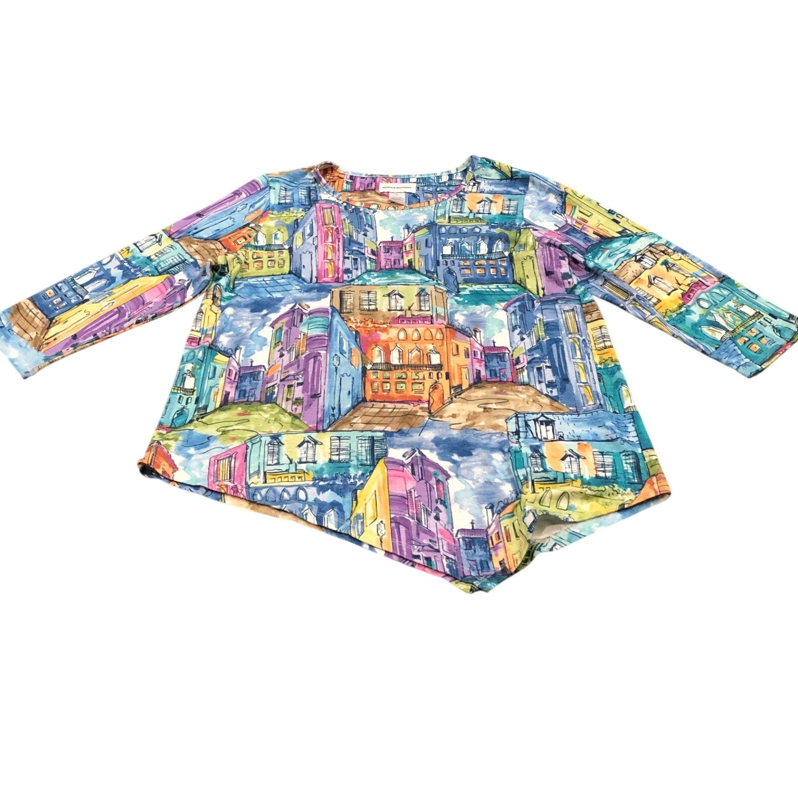Y2k Womens Medium Multi Color Cityscape Art Rhinestone Sharkbite Hem Top Blouse
